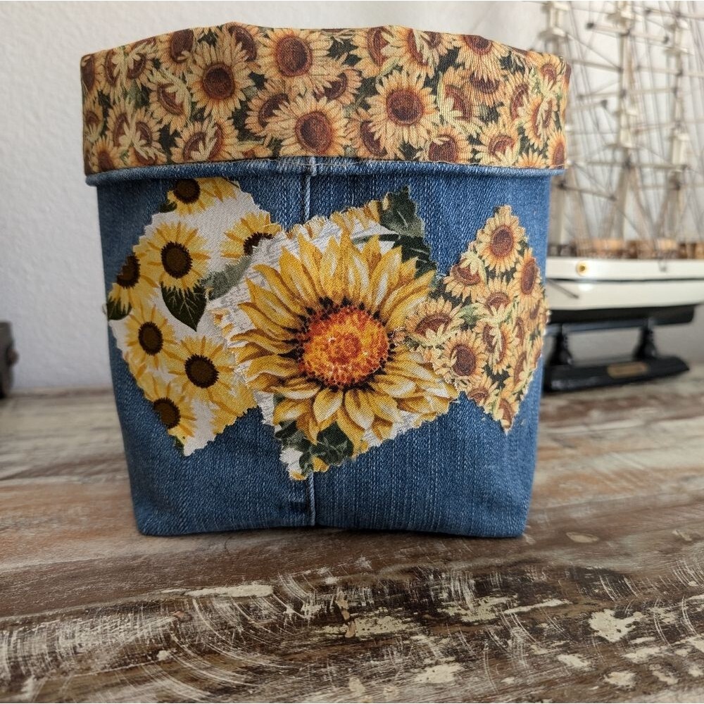 Hand Crafted Sunflower/Recycled Denim Basket/Bin